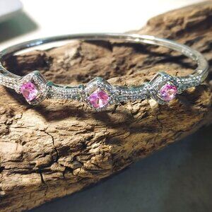 Pink Ruby Gemstone Bracelet Silver Plated Vintage Safety Hinged Prong Rhinestone